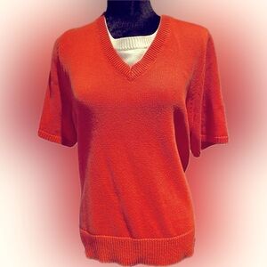 CJ Banks short sleeved pullover sweater, orange and white, 1X